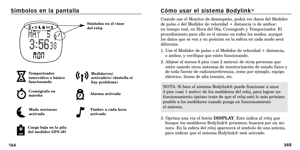 Cómo usar el sistema bodylink, Símbolos en la pantalla | Timex W-219 User Manual | Page 85 / 158
