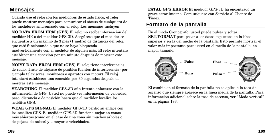 Formato de la pantalla, Mensajes | Timex W-219 User Manual | Page 87 / 158