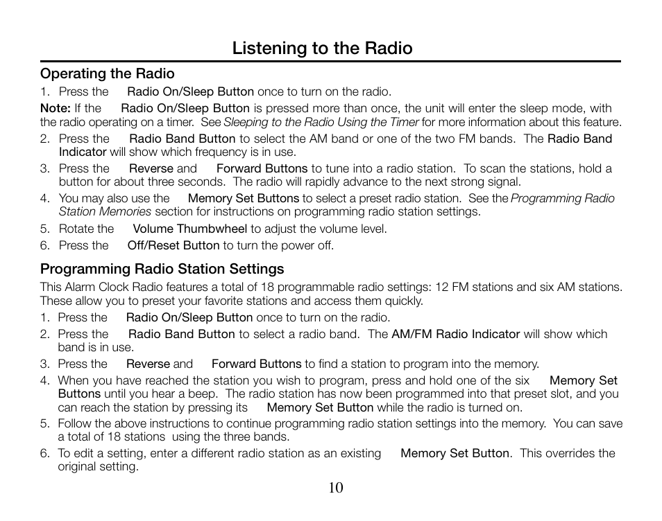 Listening to the radio | Timex T313 User Manual | Page 10 / 12