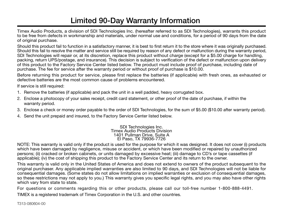 Limited 90-day warranty information | Timex T313 User Manual | Page 12 / 12