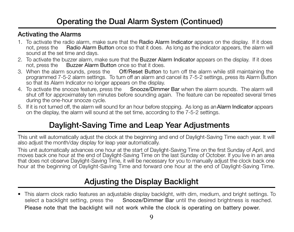 Operating the dual alarm system (continued), Adjusting the display backlight, Daylight-saving time and leap year adjustments | Timex T313 User Manual | Page 9 / 12