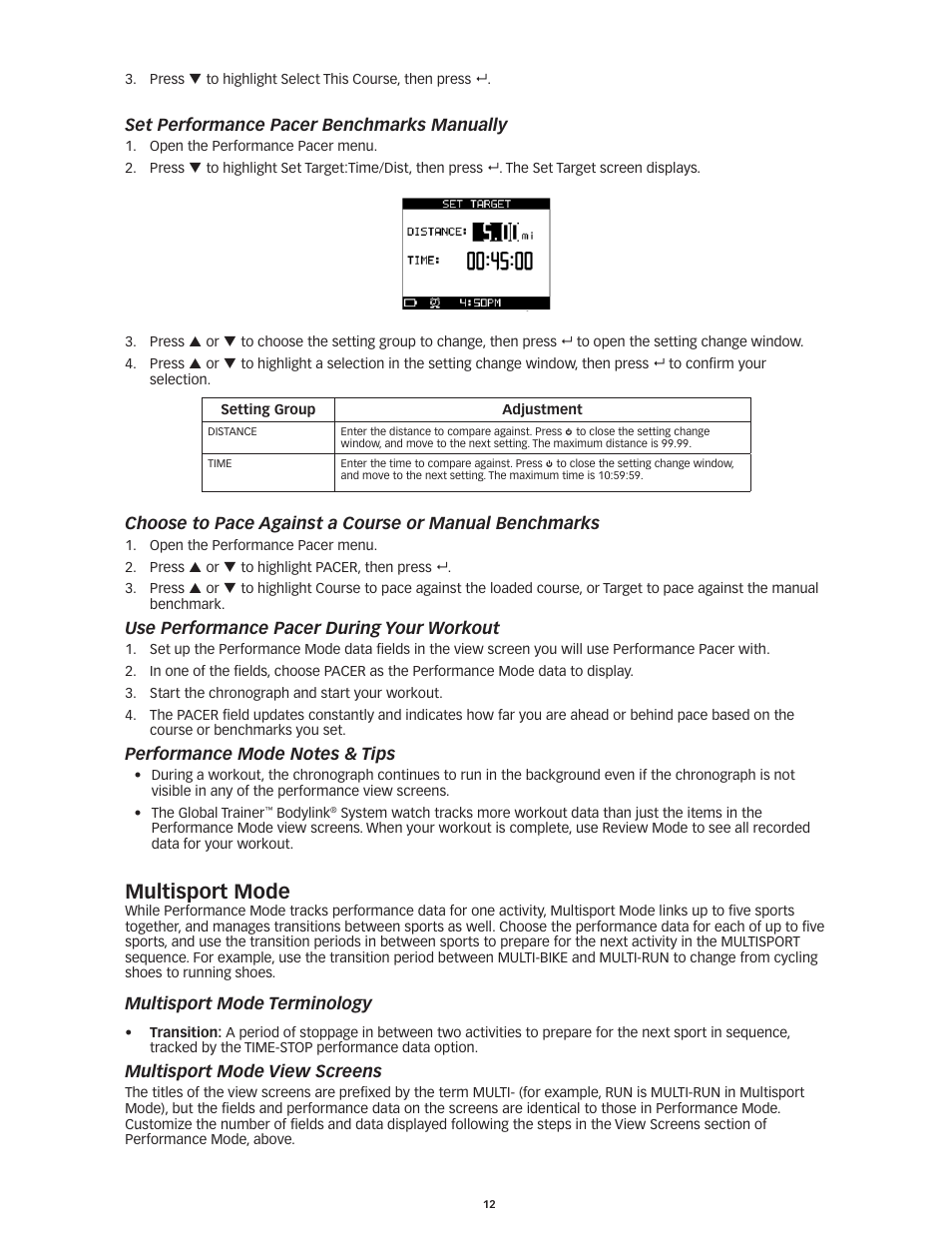 Multisport mode, Set performance pacer benchmarks manually, Use performance pacer during your workout | Multisport mode terminology, Multisport mode view screens | Timex Global Trainer W260 User Manual | Page 16 / 42