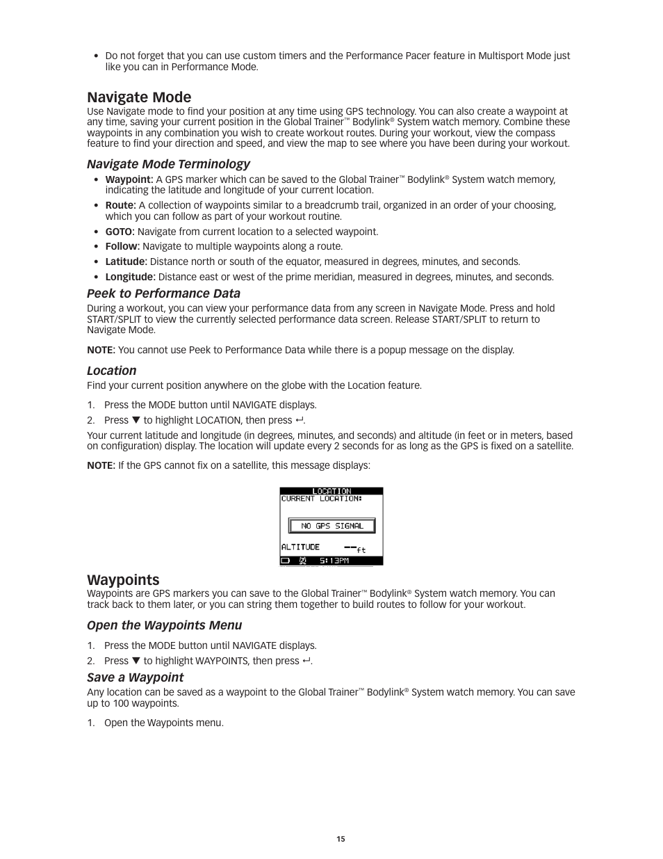 Navigate mode waypoints save.a.waypoint, Navigate mode, Waypoints | Navigate mode terminology, Peek to performance data, Location, Open the waypoints menu, Save a waypoint | Timex Global Trainer W260 User Manual | Page 19 / 42
