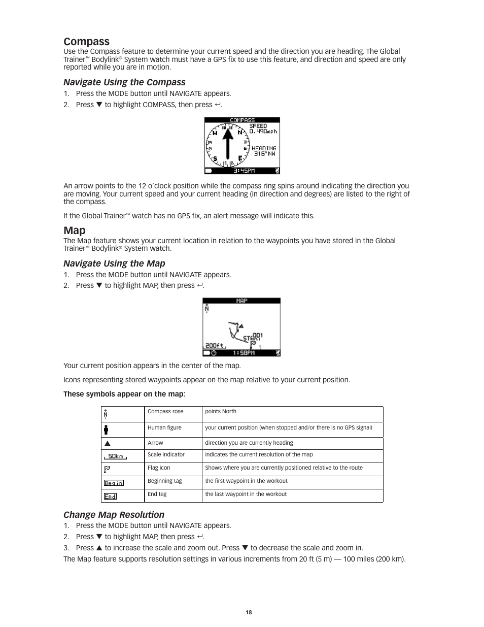 Compass, Navigate using the compass, Navigate using the map | Change map resolution | Timex Global Trainer W260 User Manual | Page 22 / 42