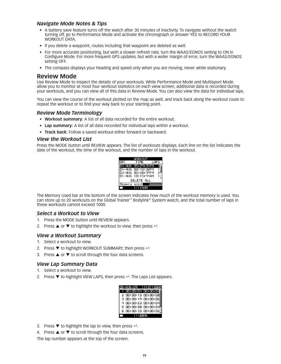 Review mode | Timex Global Trainer W260 User Manual | Page 23 / 42
