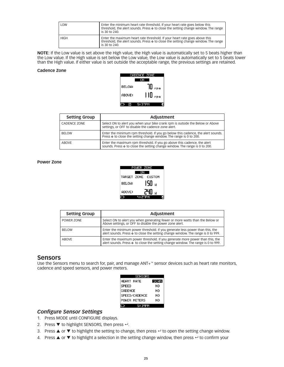 Sensors, Configure sensor settings | Timex Global Trainer W260 User Manual | Page 29 / 42