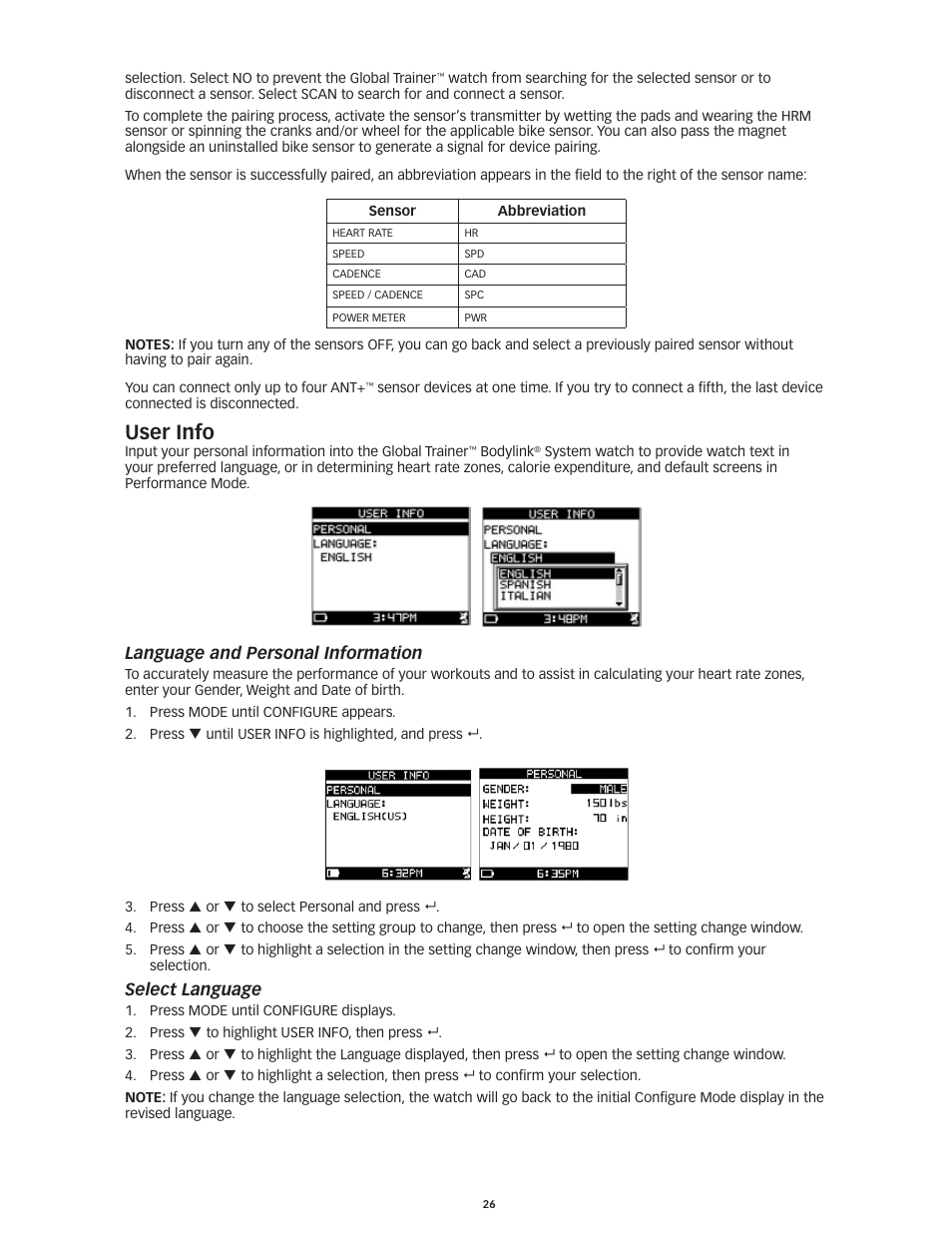 User info, Language and personal information, Select language | Timex Global Trainer W260 User Manual | Page 30 / 42