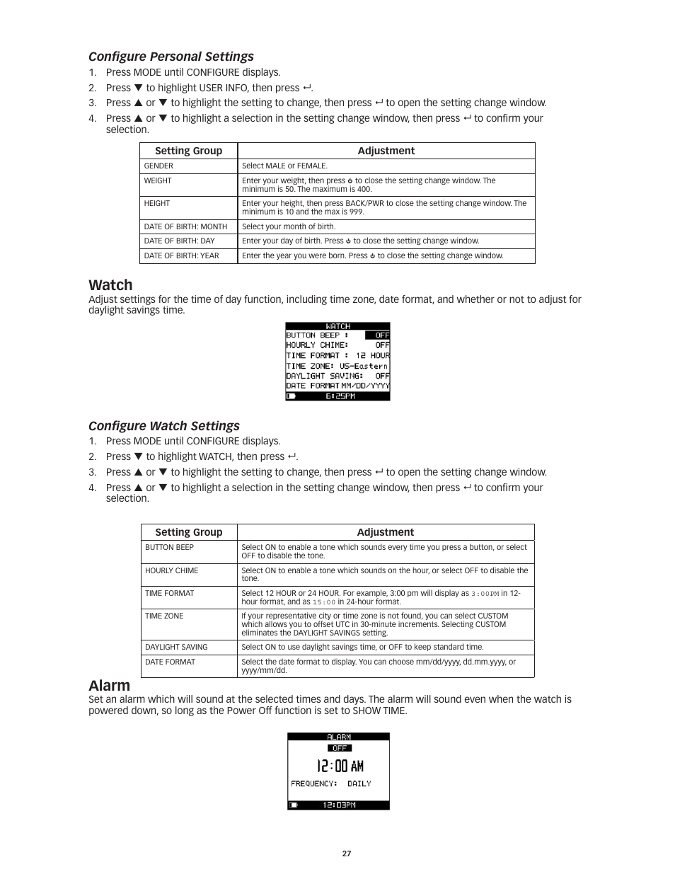 Watch, Alarm, Configure personal settings | Configure watch settings | Timex Global Trainer W260 User Manual | Page 31 / 42