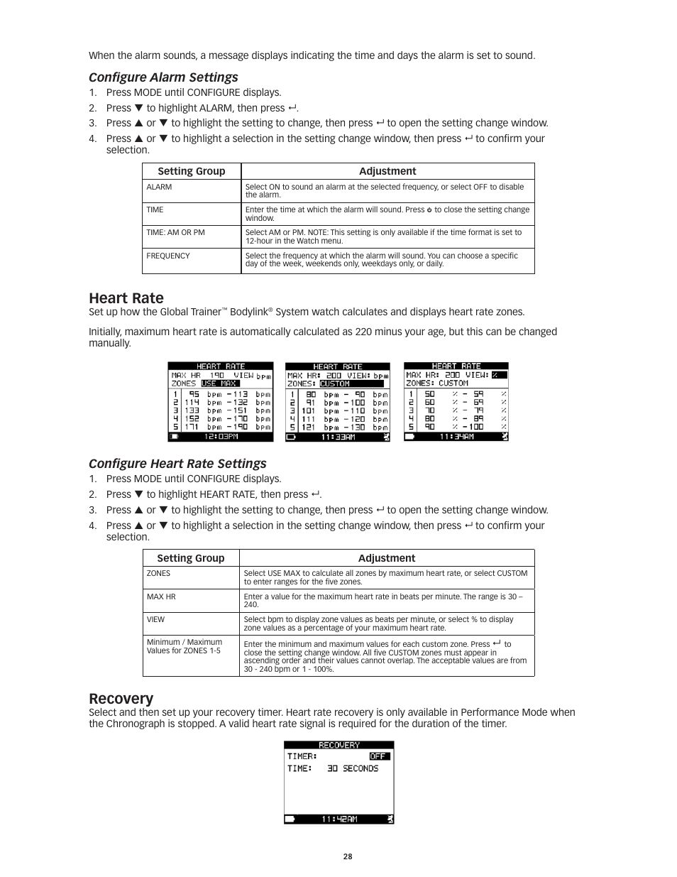 Recovery, Heart rate, Configure alarm settings | Configure heart rate settings | Timex Global Trainer W260 User Manual | Page 32 / 42