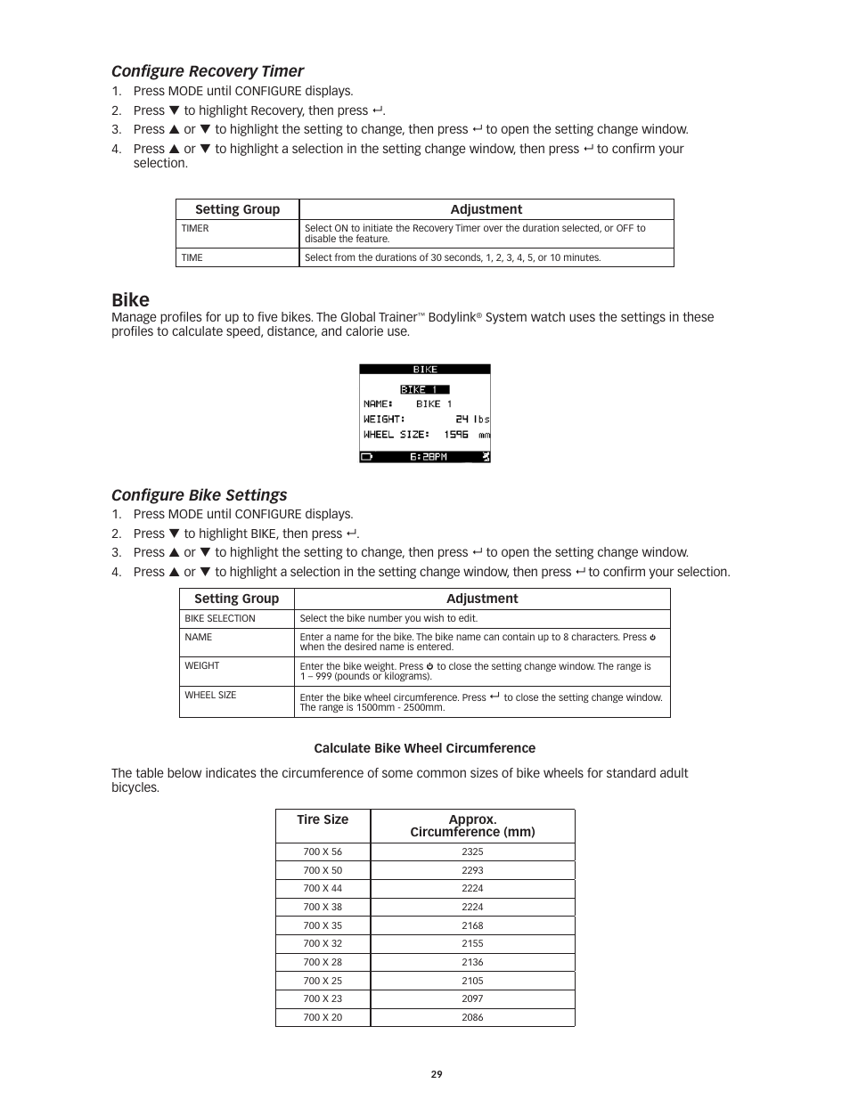 Bike, Configure recovery timer, Configure bike settings | Timex Global Trainer W260 User Manual | Page 33 / 42