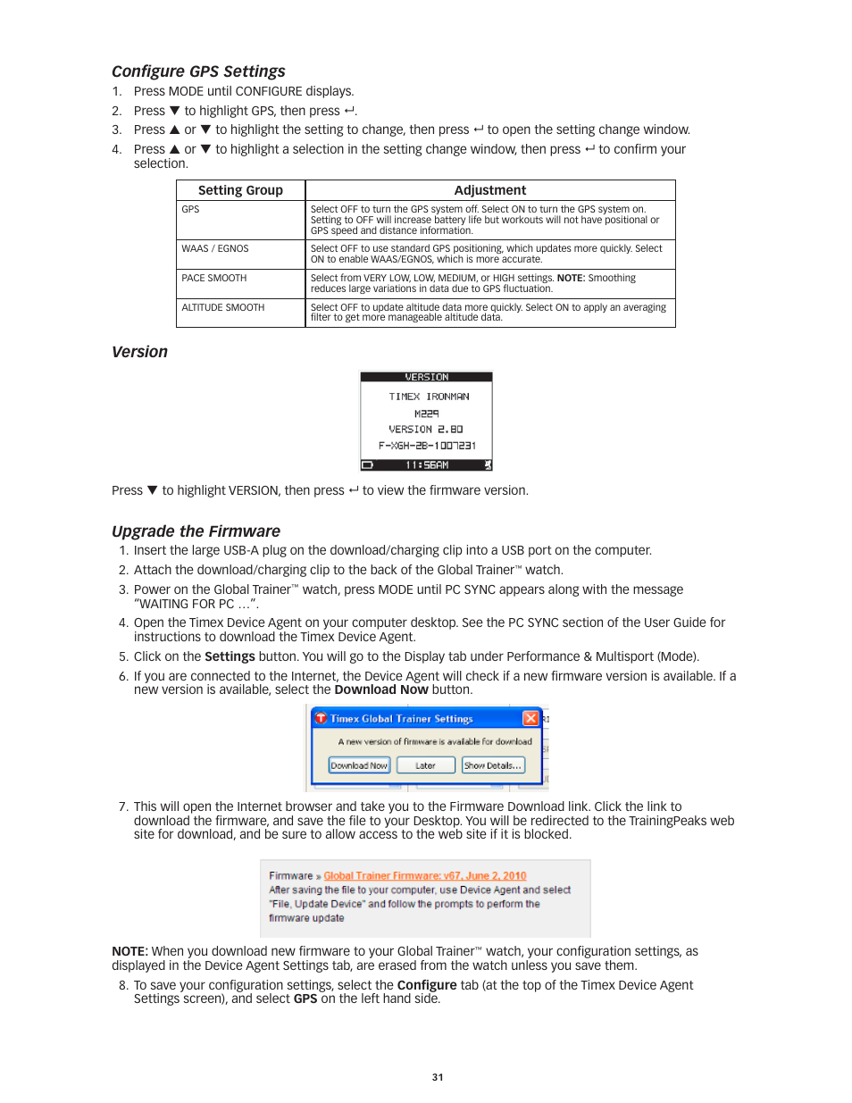 Configure gps settings, Version, Upgrade the firmware | Timex Global Trainer W260 User Manual | Page 35 / 42