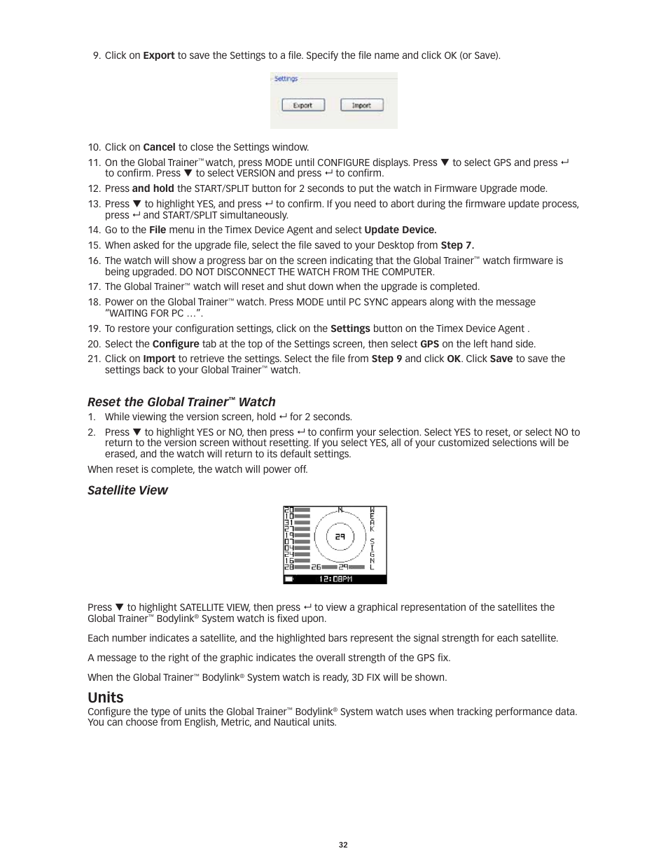 Reset.the.global.trainer, Watch, Satellite.view units | Units, Reset the global trainer, Satellite view | Timex Global Trainer W260 User Manual | Page 36 / 42