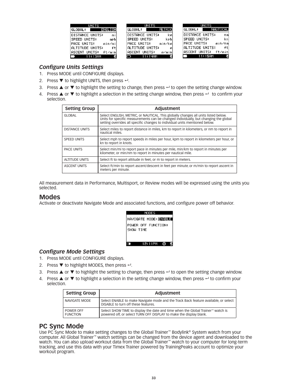 Modes, Pc sync mode, Configure units settings | Configure mode settings | Timex Global Trainer W260 User Manual | Page 37 / 42