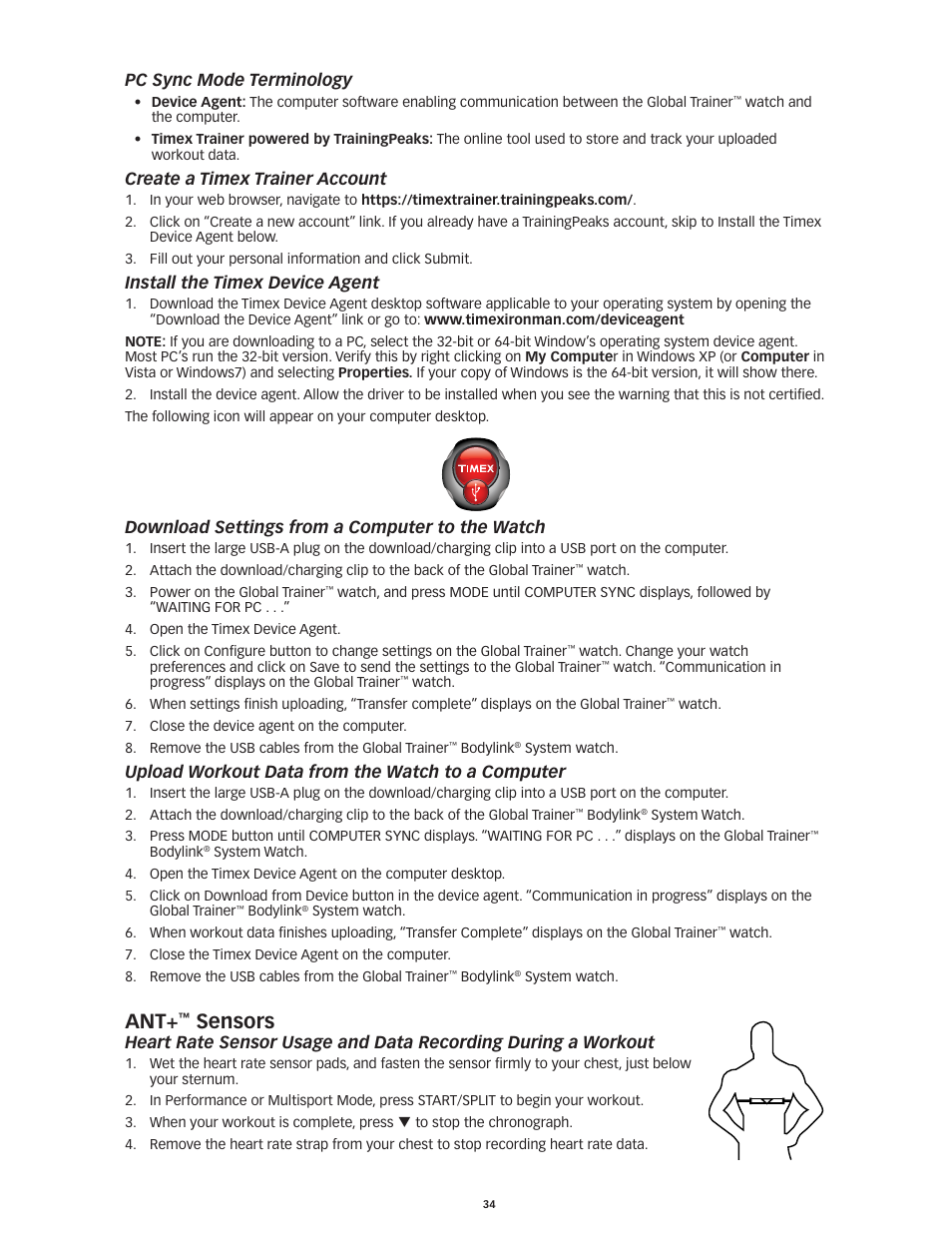 Sensors, Pc sync mode terminology, Create a timex trainer account | Install the timex device agent, Download settings from a computer to the watch, Upload workout data from the watch to a computer | Timex Global Trainer W260 User Manual | Page 38 / 42