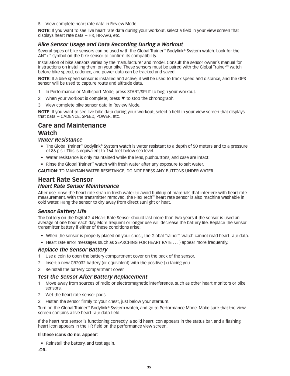 Care and maintenance watch, Heart rate sensor, Water resistance | Heart rate sensor maintenance, Sensor battery life, Replace the sensor battery, Test the sensor after battery replacement | Timex Global Trainer W260 User Manual | Page 39 / 42