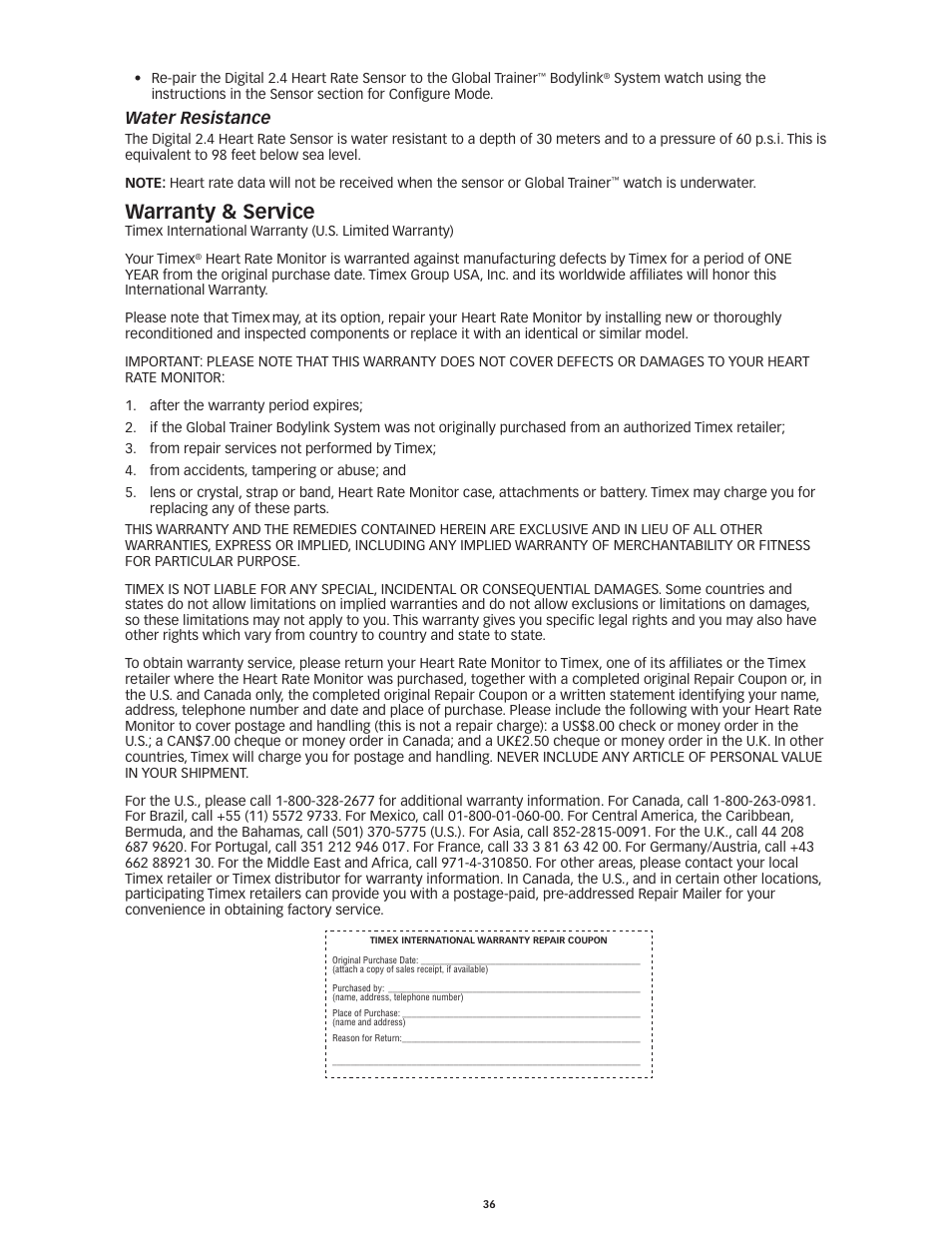 Warranty & service, Water resistance | Timex Global Trainer W260 User Manual | Page 40 / 42