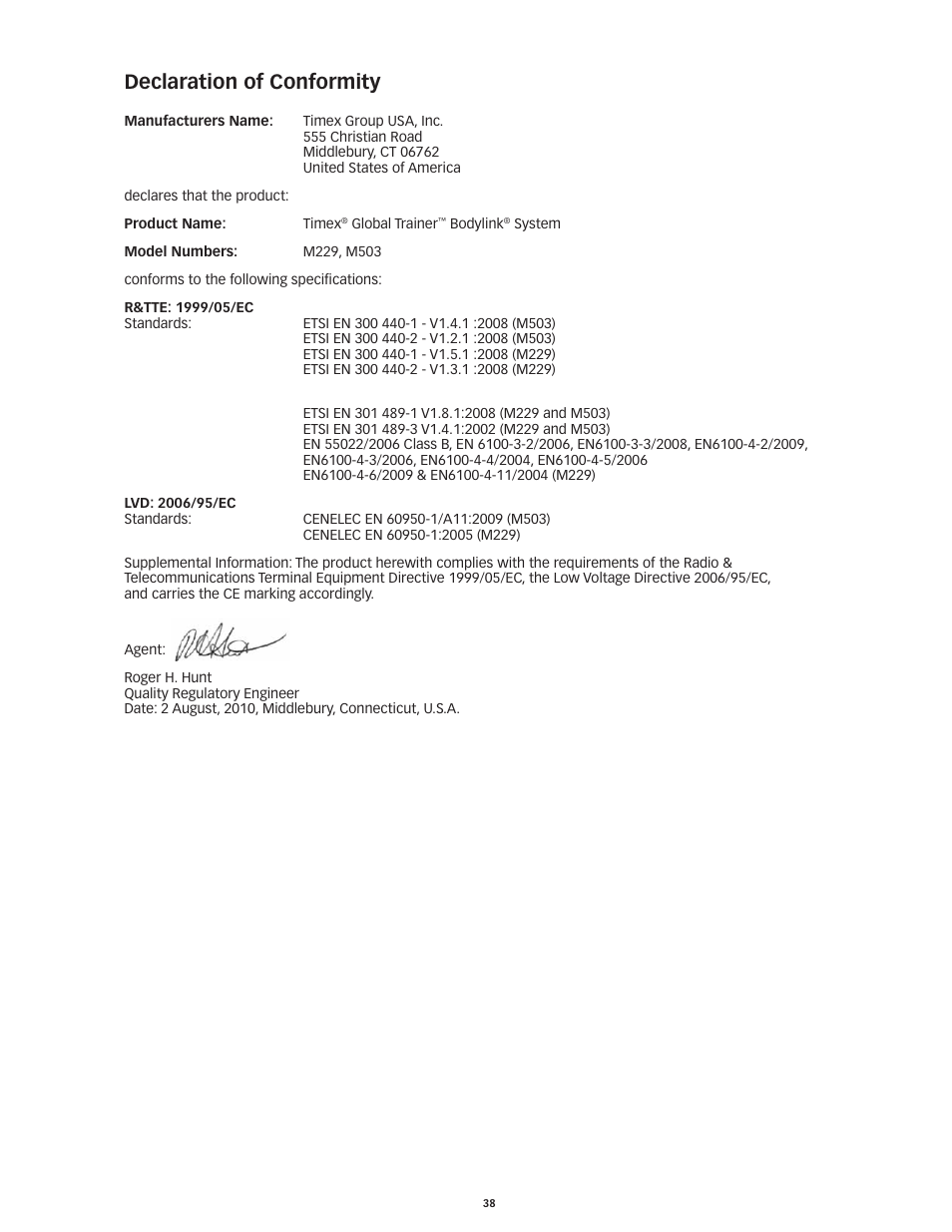 Declaration of conformity | Timex Global Trainer W260 User Manual | Page 42 / 42