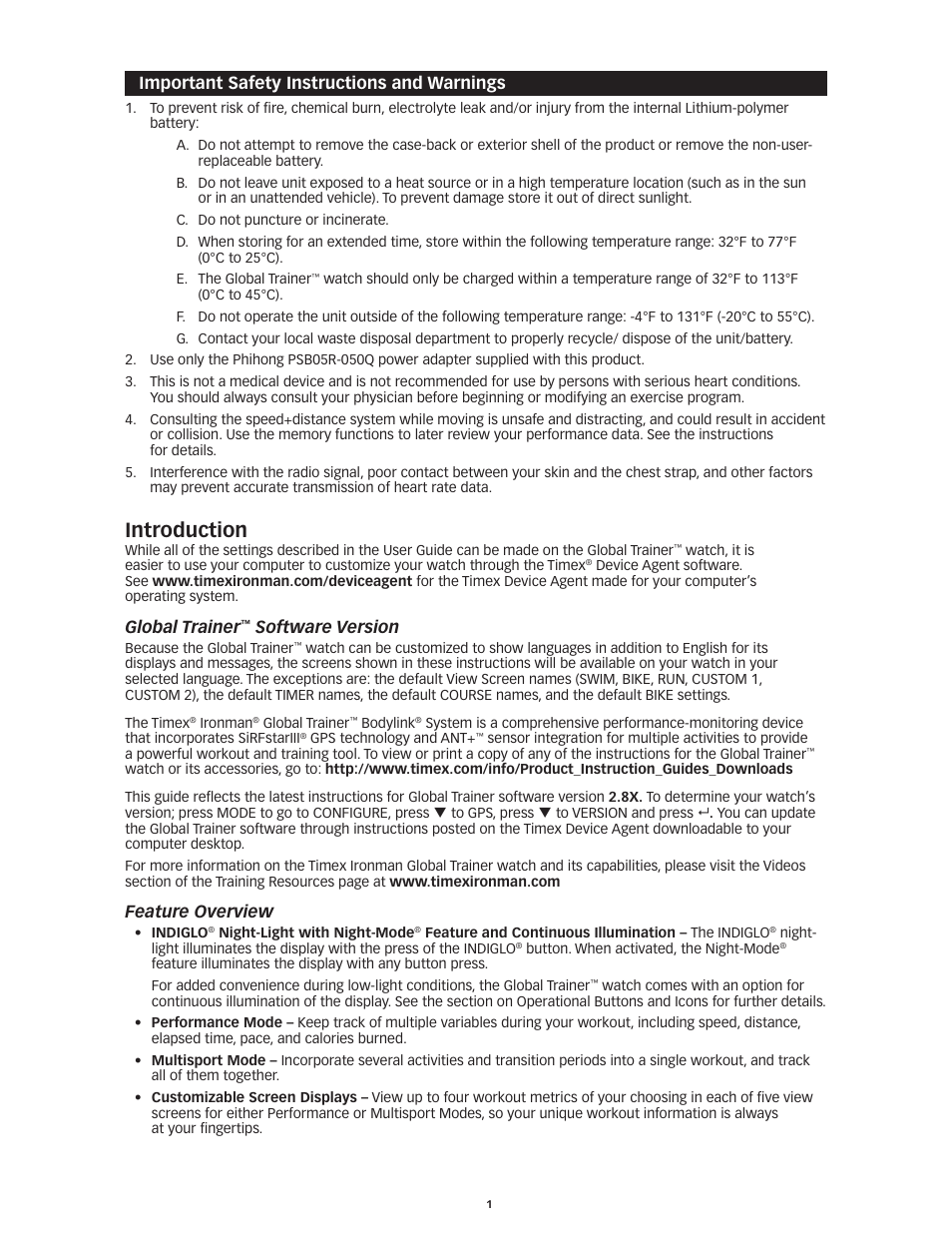 Software.version, Feature.overview, Introduction | Important safety instructions and warnings, Global trainer, Software version, Feature overview | Timex Global Trainer W260 User Manual | Page 5 / 42