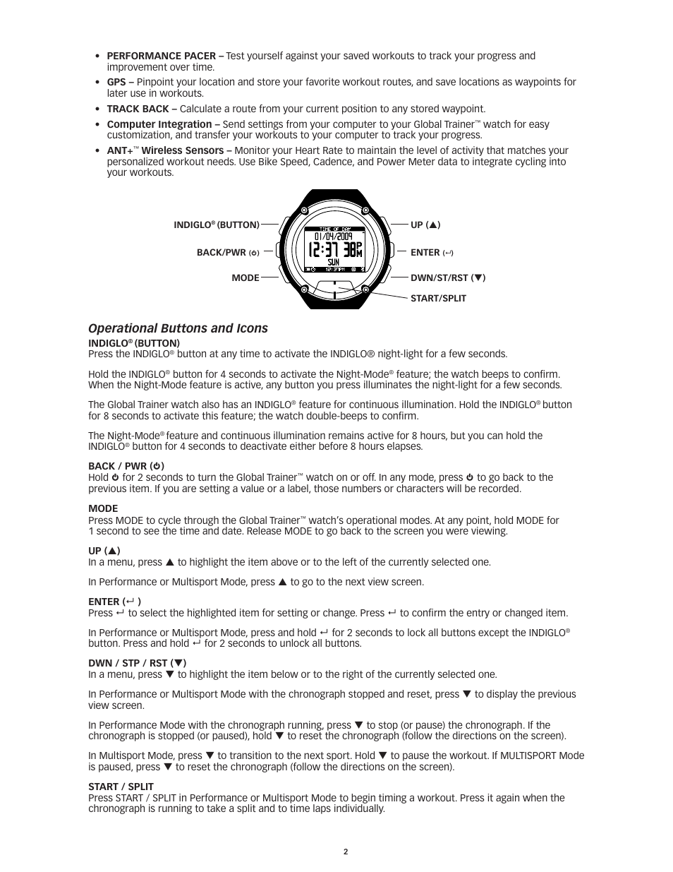 Operational.buttons.and.icons, Operational buttons and icons | Timex Global Trainer W260 User Manual | Page 6 / 42