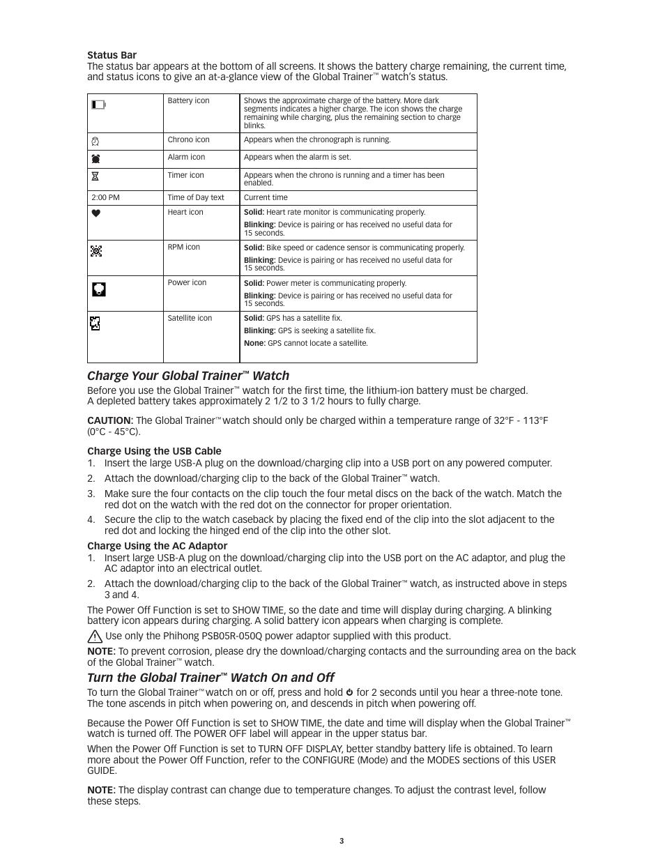 Charge.your.global.trainer, Watch, Turn.the.global.trainer | Watch.on.and.off, Charge your global trainer, Turn the global trainer, Watch on and off | Timex Global Trainer W260 User Manual | Page 7 / 42