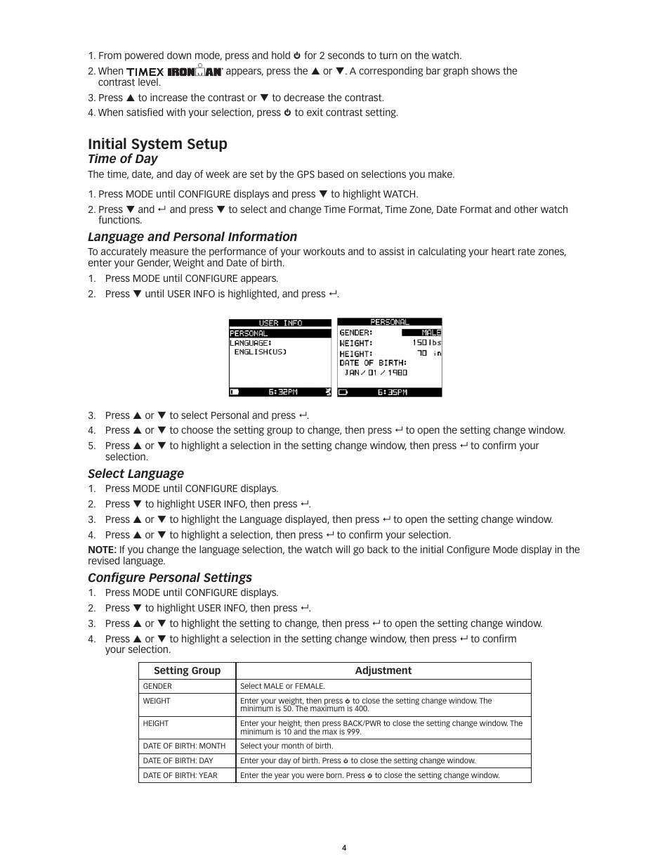 Initial system setup, Time of day, Language and personal information | Select language, Configure personal settings | Timex Global Trainer W260 User Manual | Page 8 / 42