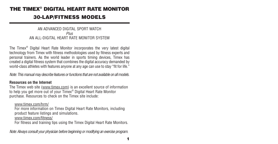 The timex, Digital heart rate monitor 30-lap/fitness models | Timex W177 User Manual | Page 2 / 29