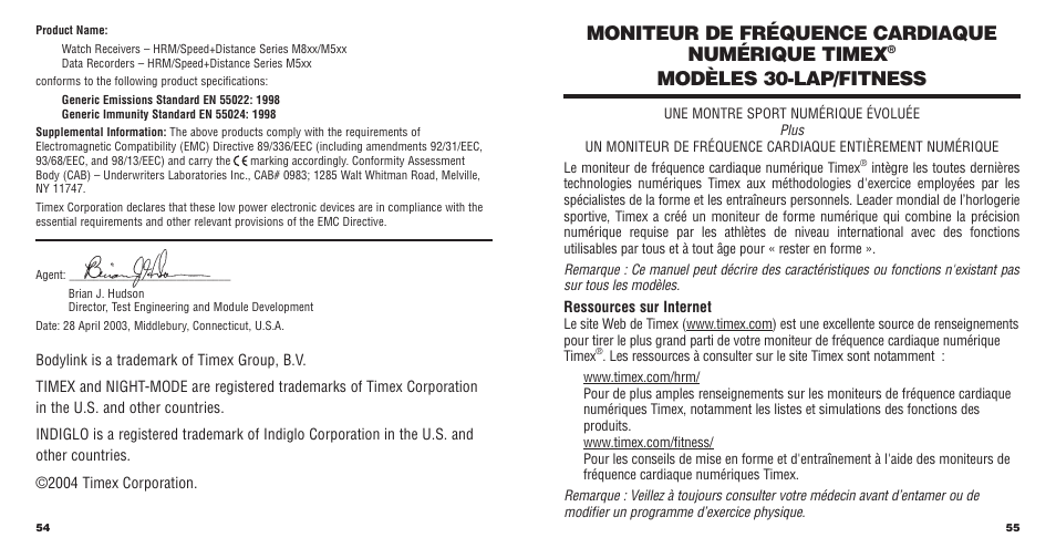 Moniteur de fréquence cardiaque numérique timex, Modèles 30-lap/fitness | Timex W177 User Manual | Page 29 / 29