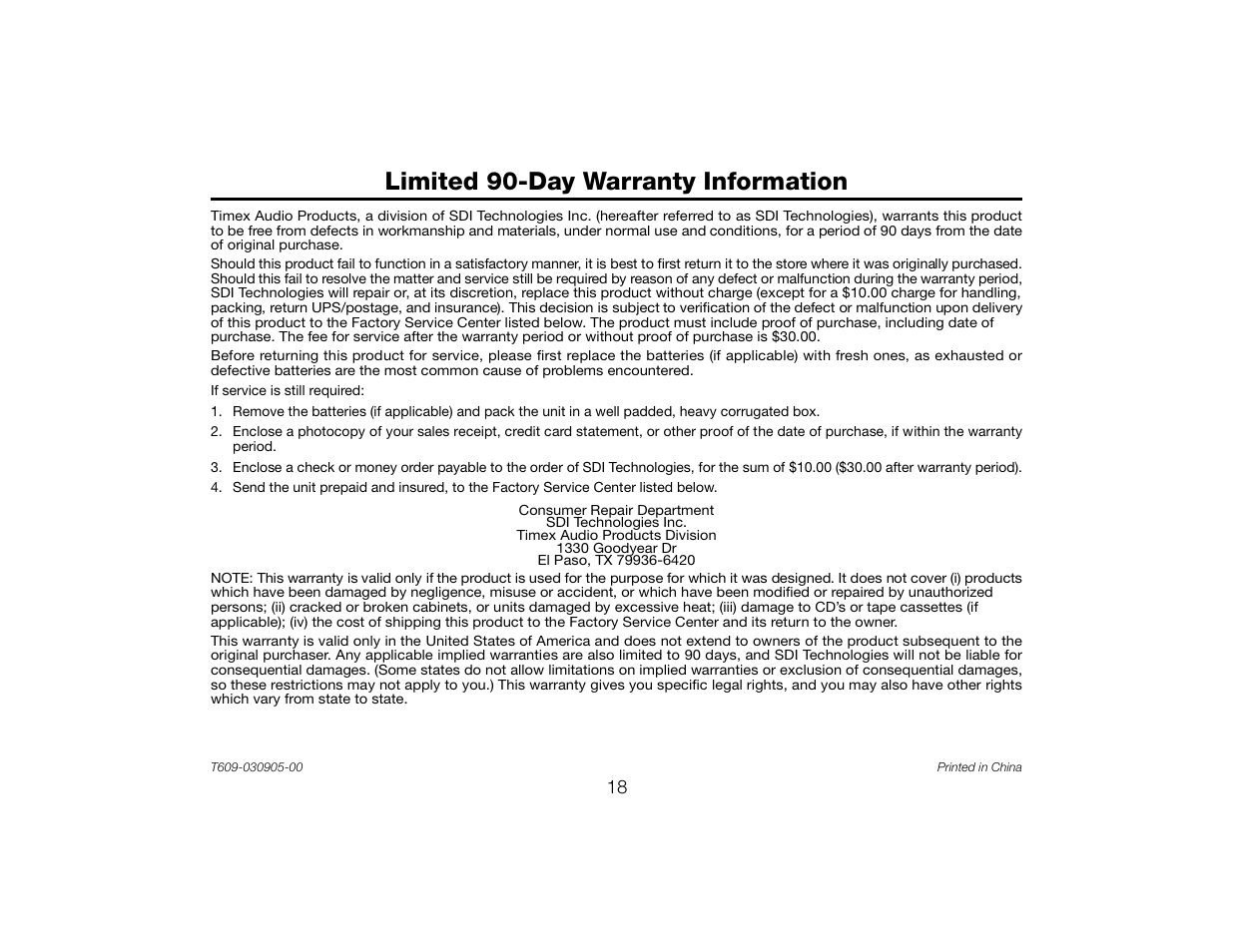 Limited 90-day warranty information | Timex T609 User Manual | Page 19 / 19