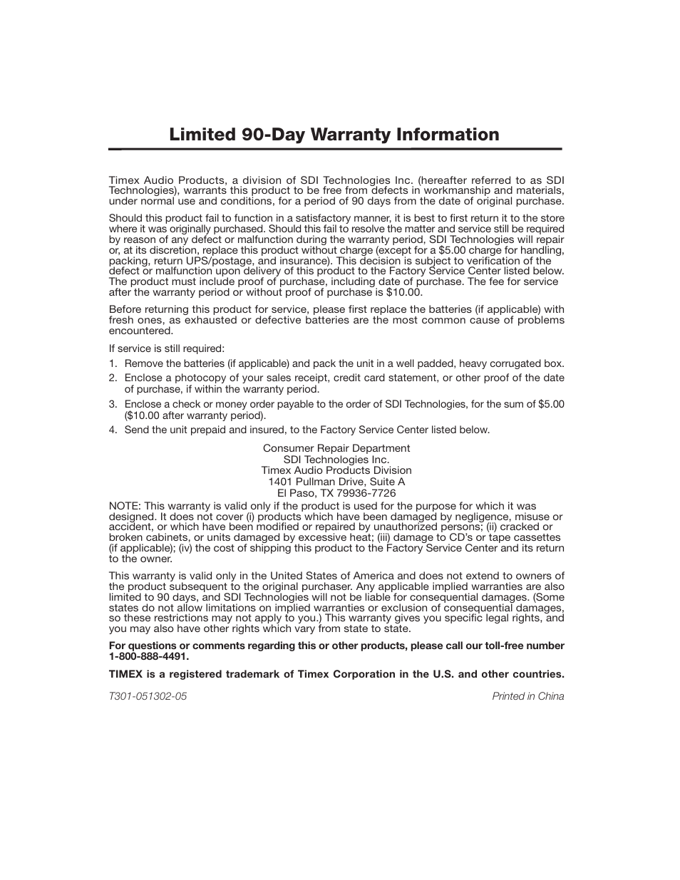 Limited 90-day warranty information | Timex T301 User Manual | Page 12 / 12