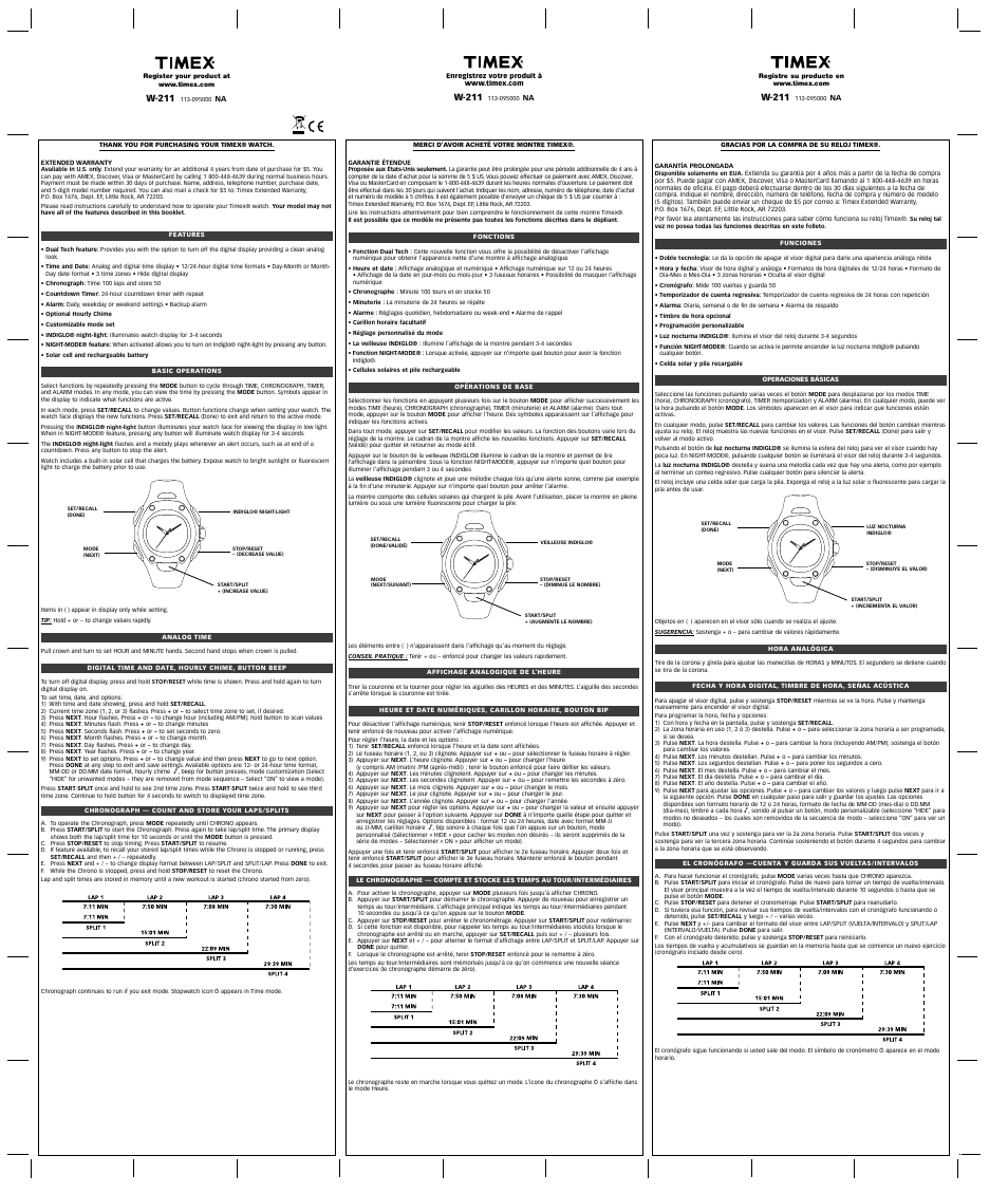 Timex 113-095000 NA User Manual | 2 pages