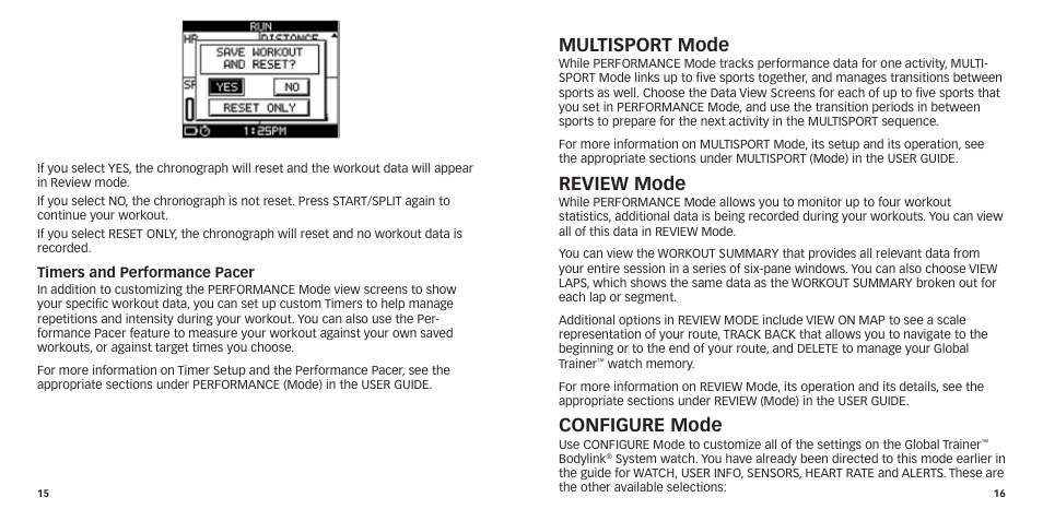 Multisport mode, Review mode, Configure mode | Timex GlobalTrainer US QSG User Manual | Page 10 / 14