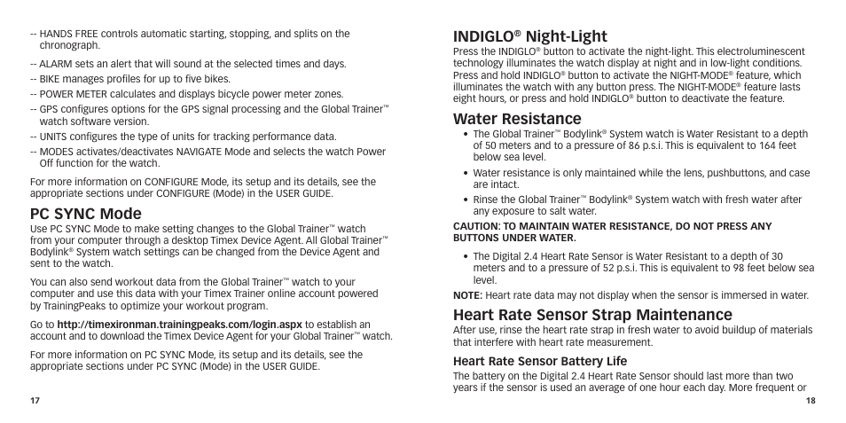 Indiglo, Night-light, Water resistance | Heart rate sensor strap maintenance, Pc sync mode | Timex GlobalTrainer US QSG User Manual | Page 11 / 14