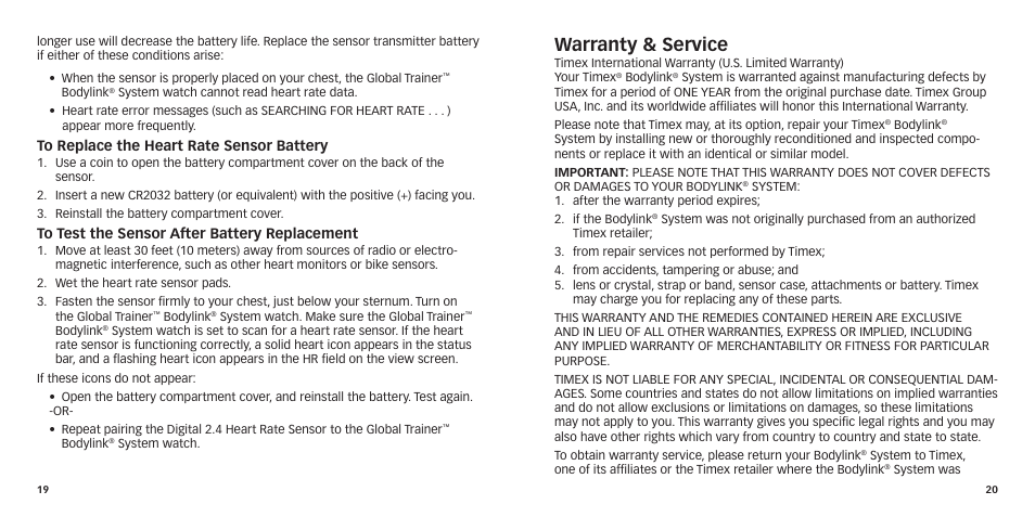 Warranty & service | Timex GlobalTrainer US QSG User Manual | Page 12 / 14