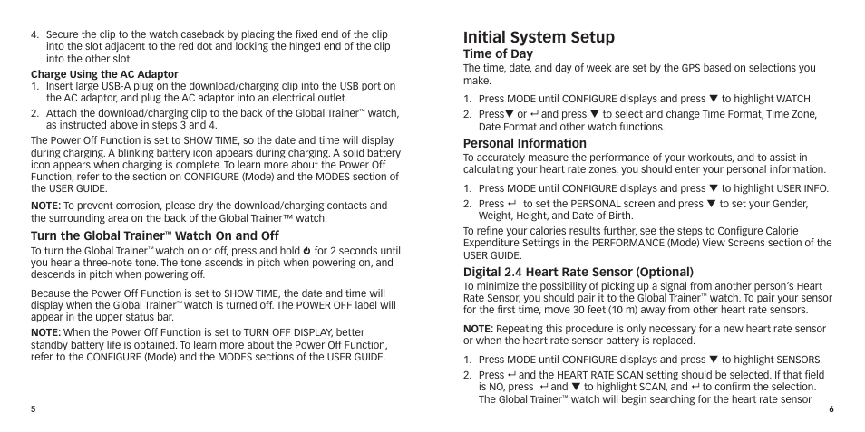 Initial system setup | Timex GlobalTrainer US QSG User Manual | Page 5 / 14