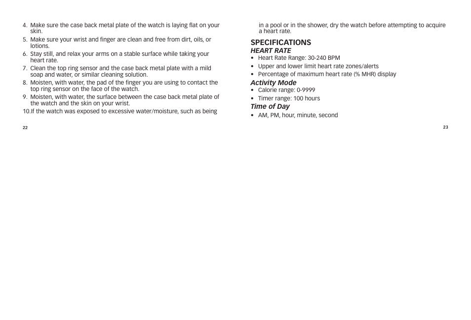 Specifications | Timex HEALTH TOUCH W265 User Manual | Page 13 / 18