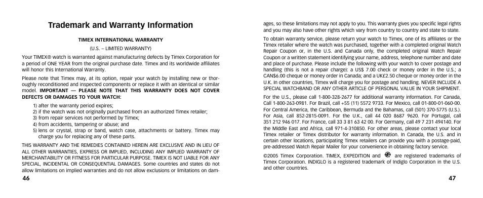 Trademark and warranty information | Timex Expedition 567-095006 NA User Manual | Page 25 / 25