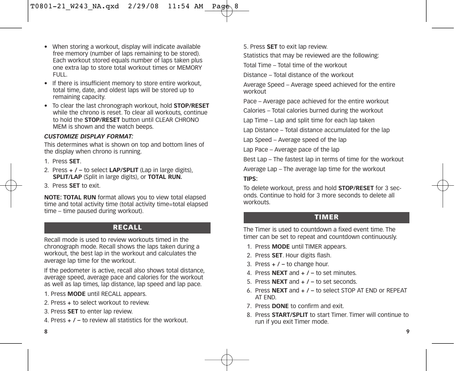 Timex W243 NA User Manual | Page 6 / 12
