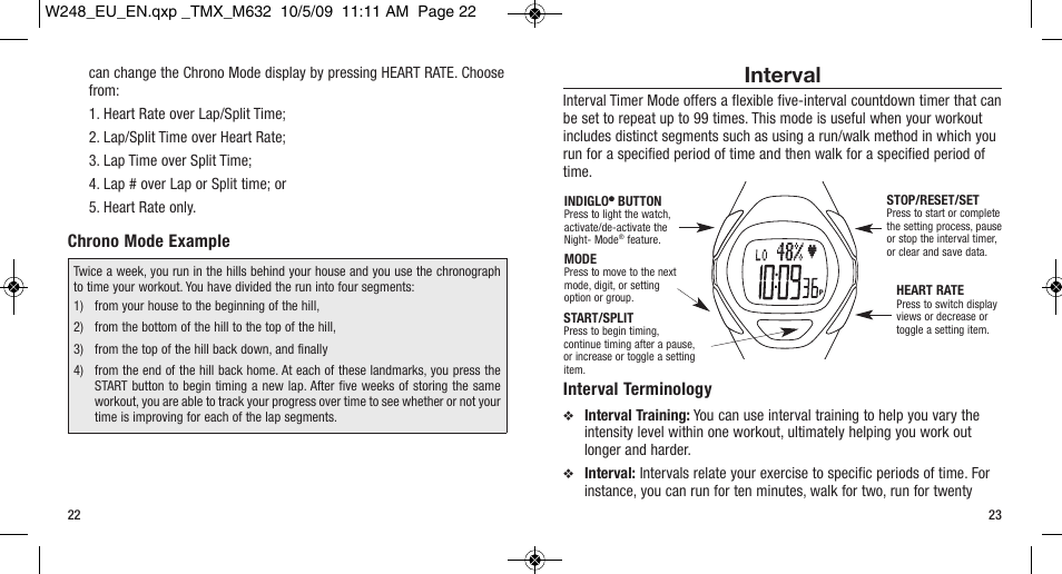 Interval, Interval terminology, Chrono mode example | Timex W-248 User Manual | Page 15 / 35