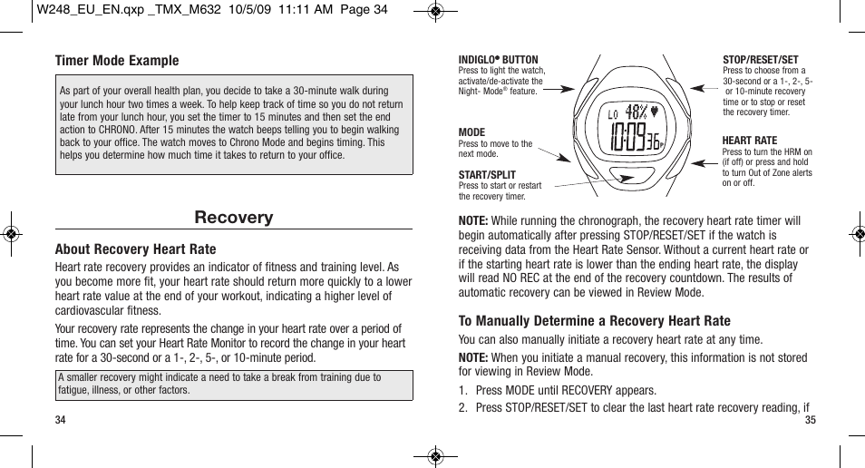 Recovery, Timer mode example, About recovery heart rate | Timex W-248 User Manual | Page 21 / 35