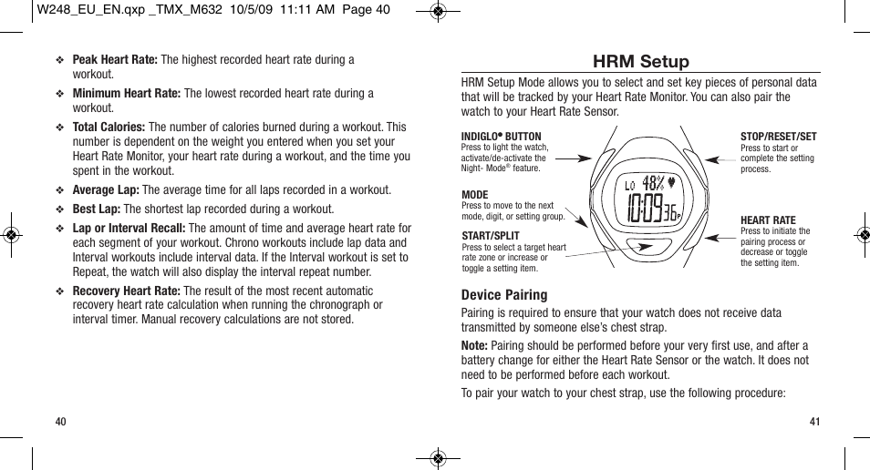 Hrm setup, Device pairing | Timex W-248 User Manual | Page 24 / 35