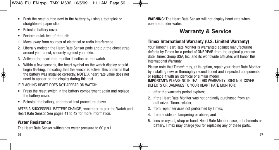 Warranty & service | Timex W-248 User Manual | Page 32 / 35