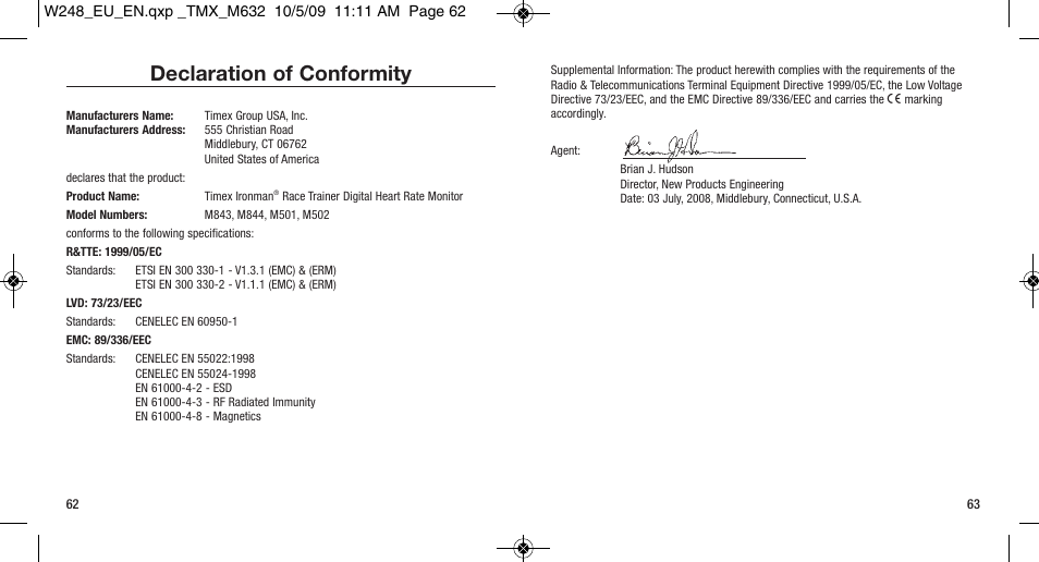 Declaration of conformity | Timex W-248 User Manual | Page 35 / 35