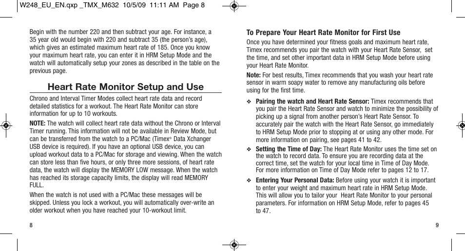 Heart rate monitor setup and use | Timex W-248 User Manual | Page 8 / 35