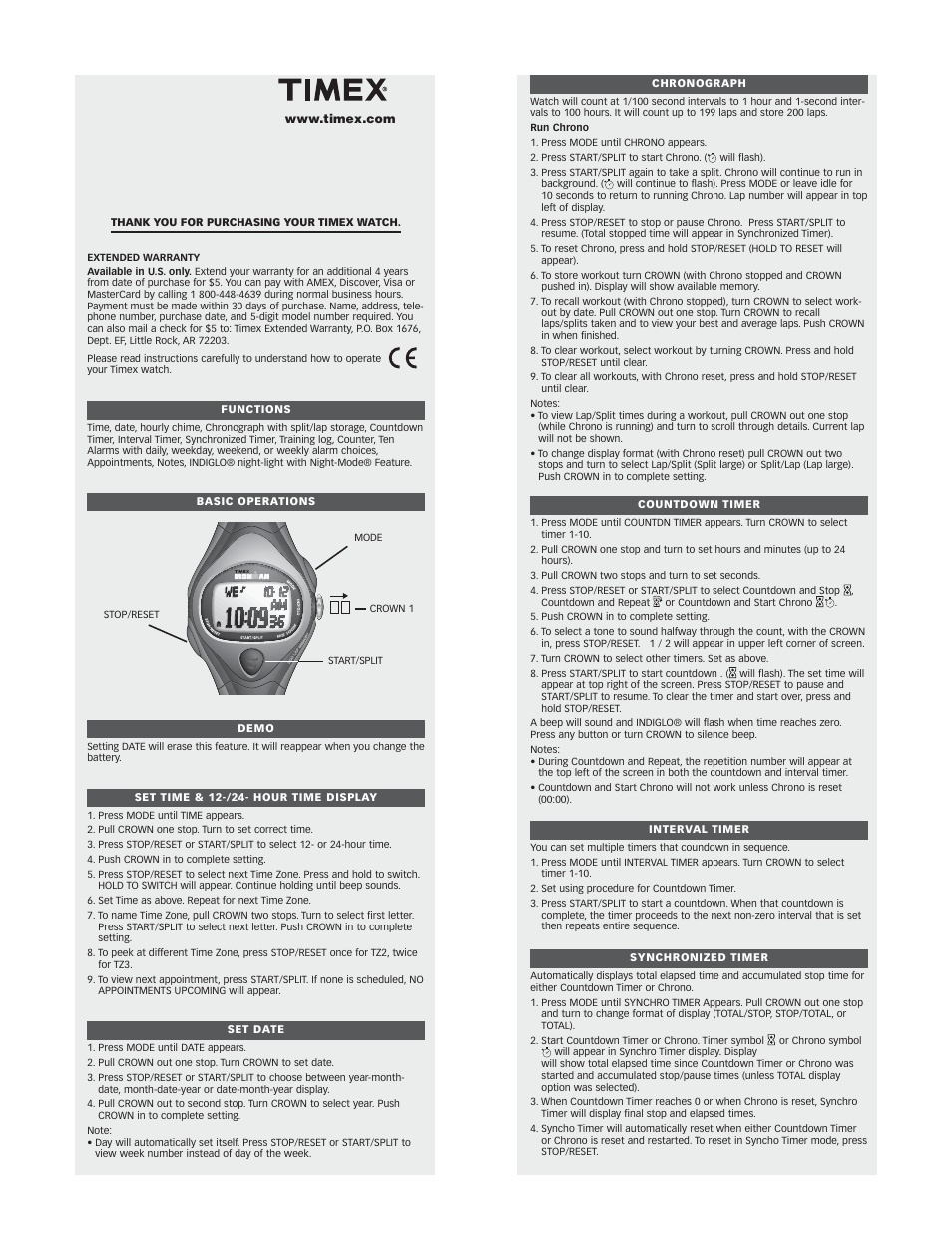 Timex W39 User Manual | 2 pages
