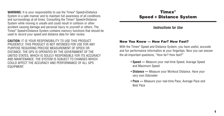 Timex, Speed, Distance system | Timex 568-095003 User Manual | Page 2 / 16