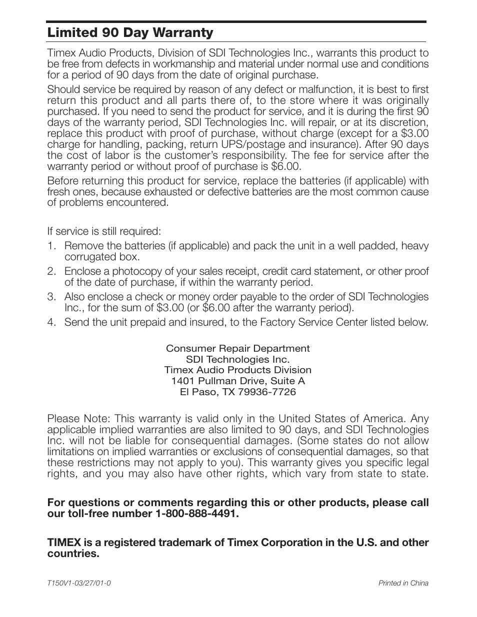 Limited 90 day warranty | Timex T150 User Manual | Page 11 / 12