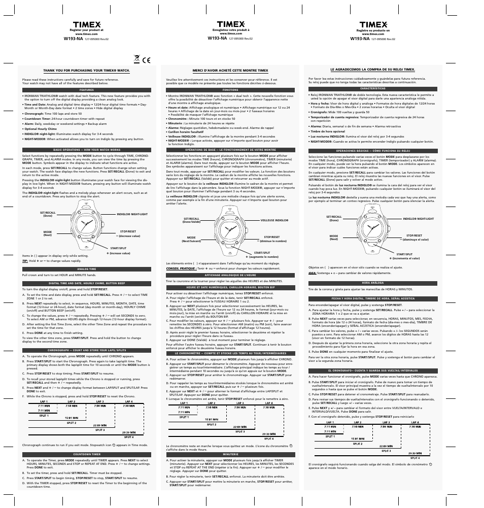 Timex W193-NA User Manual | 2 pages