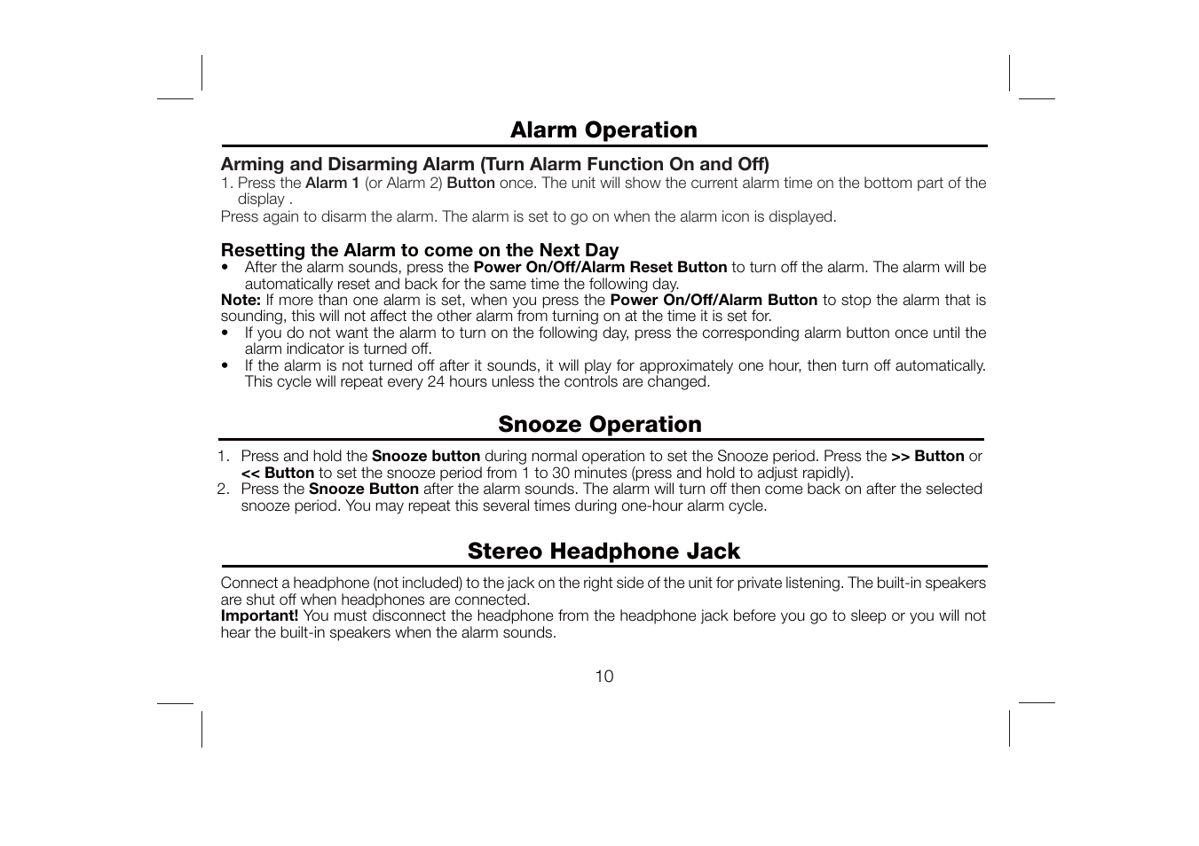 Alarm operation, Snooze operation, Stereo headphone jack | Timex T612S User Manual | Page 11 / 13