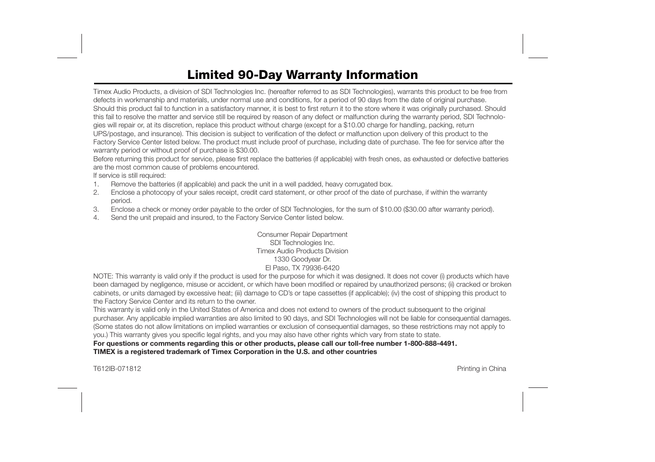 Limited 90-day warranty information | Timex T612S User Manual | Page 13 / 13