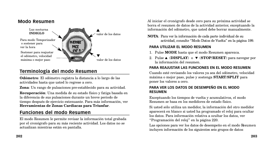 Modo resumen terminología del modo resumen, Funciones del modo resumen | Timex M185 User Manual | Page 103 / 207